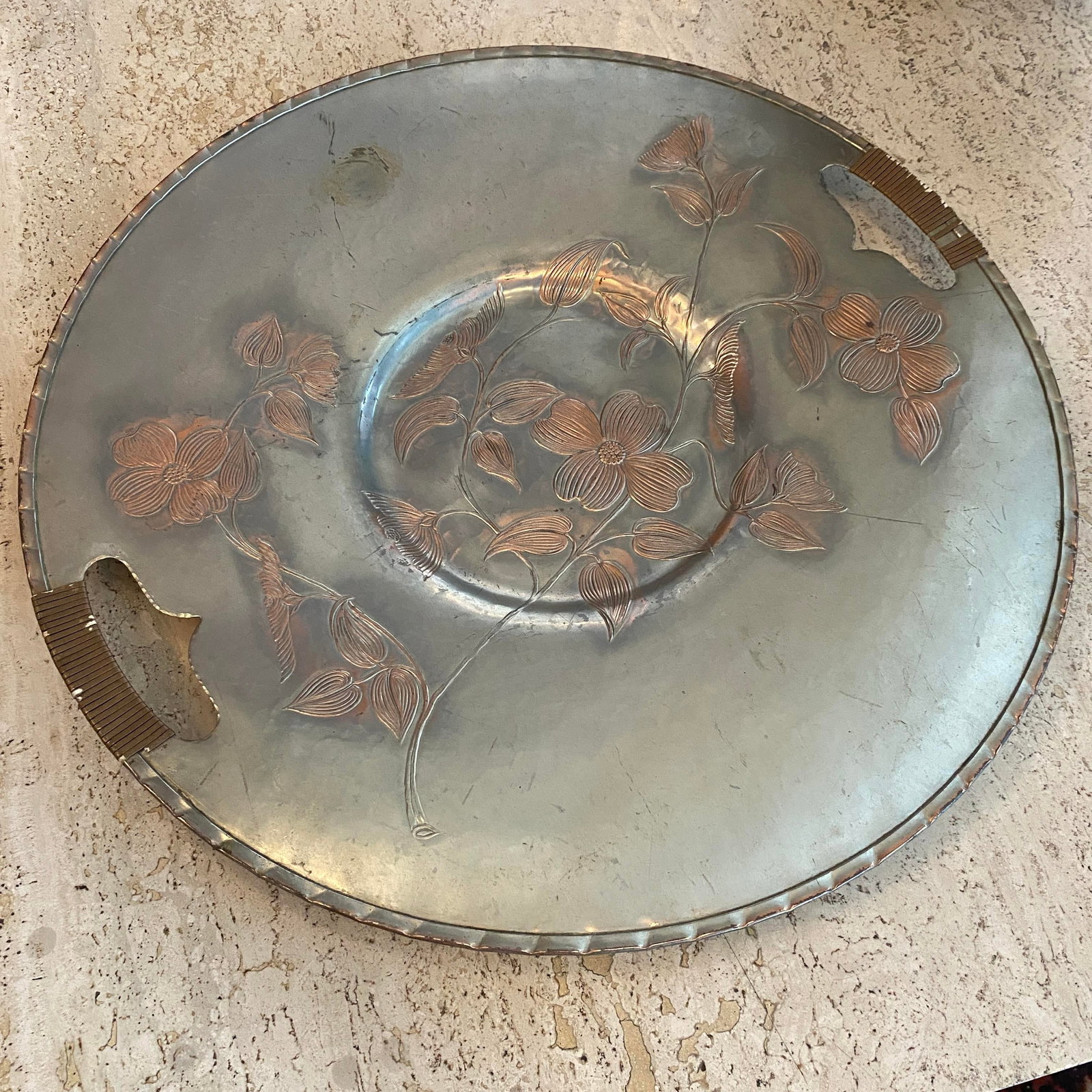 Mid 20th Century Large Aluminum and Rattan Decorative Floral Motif Serving Tray - 8