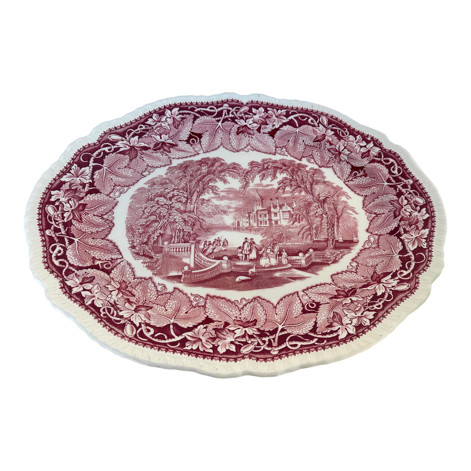 Vintage Mason's Ironstone Vista Pink Toile Platter: Vintage Mason's Ironstone Vista Pink Toile Platter with gadroon edge. cir 1890-2000 Great to mix with other toile patterns for a festive table. 17.75in w x 1.5in h x 14in d Make sure to follow me, I