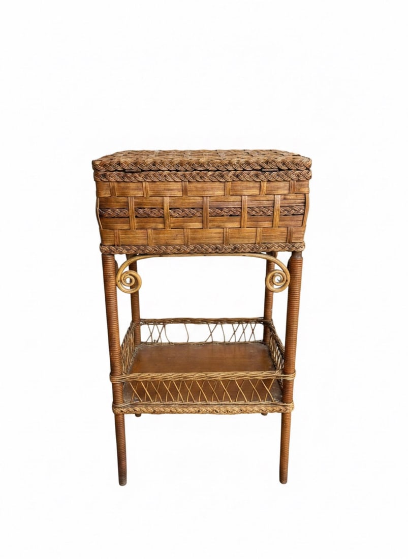 1900s Antique Heywood Brothers & Wakefield Co. Wicker Sewing Basket Stand - 10