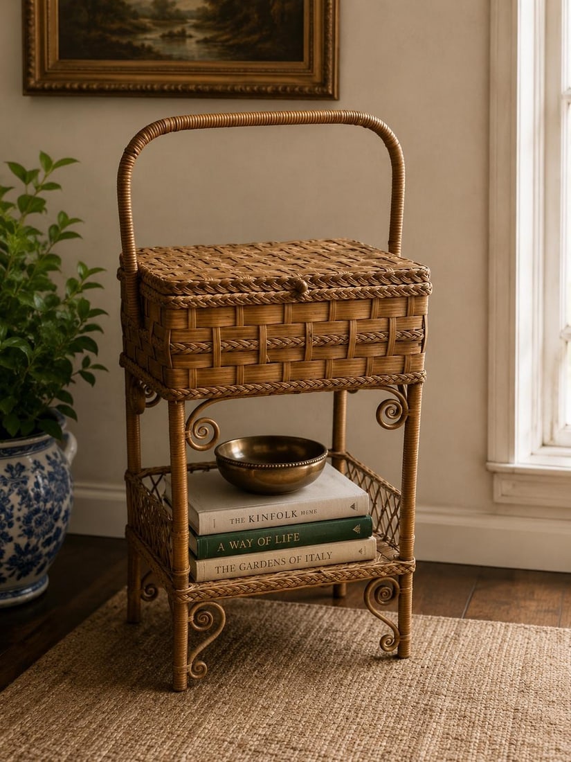 1900s Antique Heywood Brothers & Wakefield Co. Wicker Sewing Basket Stand - 2