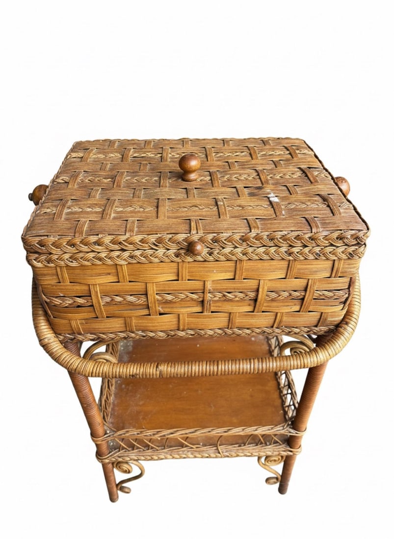 1900s Antique Heywood Brothers & Wakefield Co. Wicker Sewing Basket Stand - 5