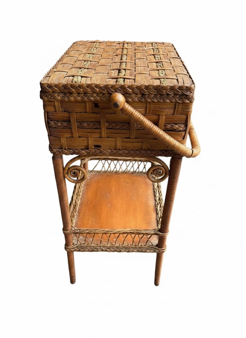 1900s Antique Heywood Brothers & Wakefield Co. Wicker Sewing Basket Stand - 8
