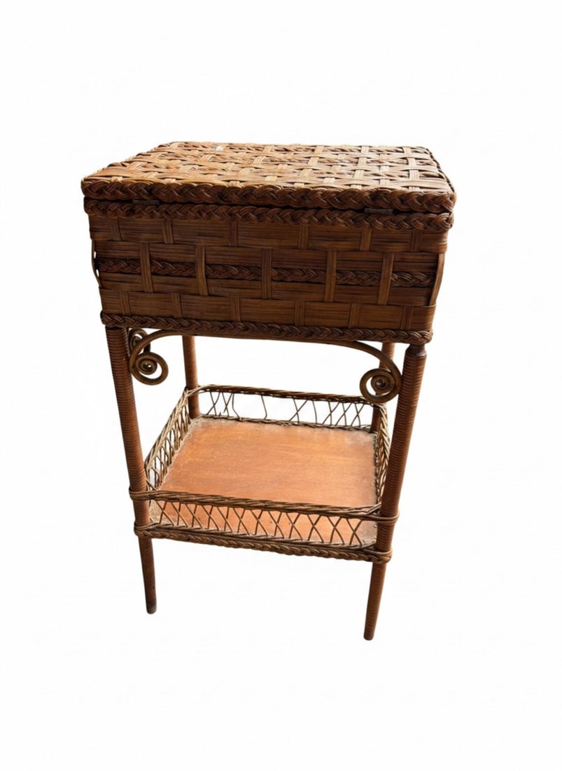 1900s Antique Heywood Brothers & Wakefield Co. Wicker Sewing Basket Stand - 9