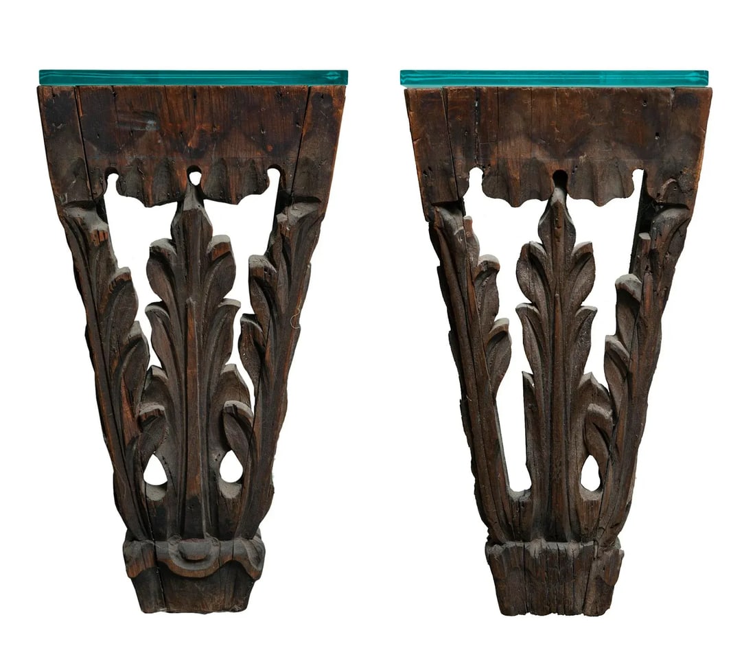 Early 20th Century Pair of Antique Hand Carved Wall Hung Side Tables - 8