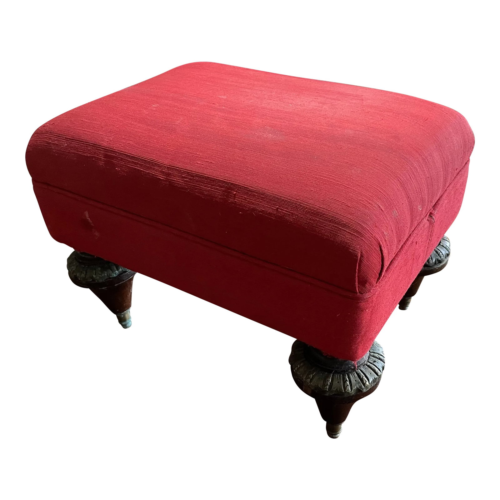 Red Silk Upholstered Georgian Footstool Early 19th: A very nice a functional foot stool. In the Georgian style it's definitely of the 19th century I'm just not sure when the feet half brass ends and the bulbous carved legs are mahogany. Legs are period