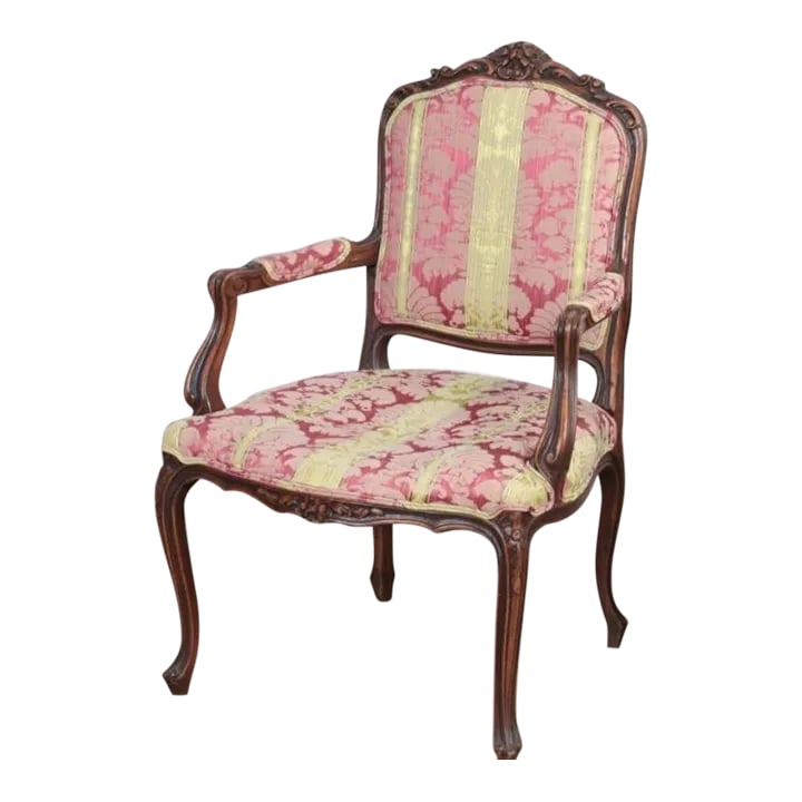 1930s French Louis XV Style Armchair with Pink and Yellow Brocade: A very nice French provincial style Louis XV arm chair plain walnut with vibrant fabric. Condition: Alterations: Original Condition Unaltered Imperfections: Some Imperfections Condition Notes: Use