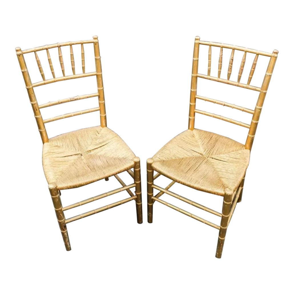 19th Century Woven Rush Seat With Faux Leopard Print Cushions Faux Bamboo Gilt Ballroom Chairs - a P: A pair of gold painted gilt ballroom chairs with faux bamboo frames and faux leopard cushions. The seat are woven rush Condition: Alterations: Original Condition Unaltered Imperfections: Some Imperfec