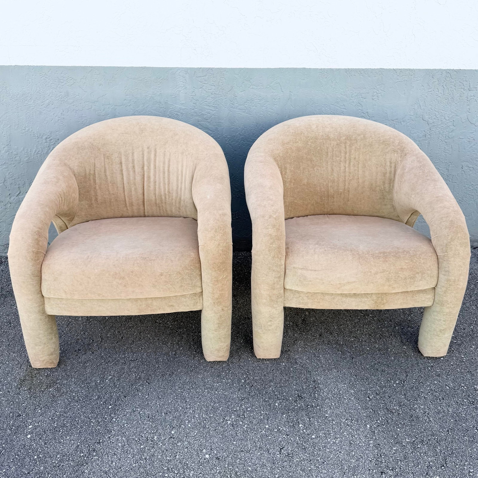 Postmodern Sculpted Tan Velvet Lounge Chairs - A Pair - 2