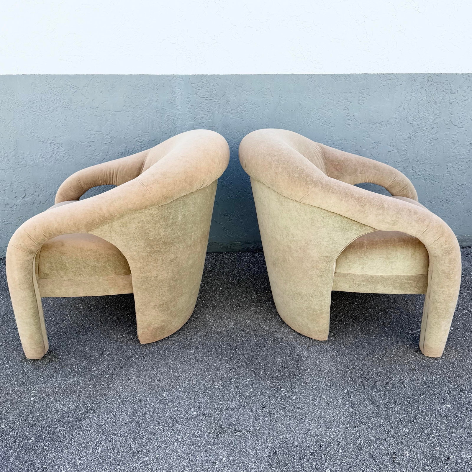 Postmodern Sculpted Tan Velvet Lounge Chairs - A Pair - 3
