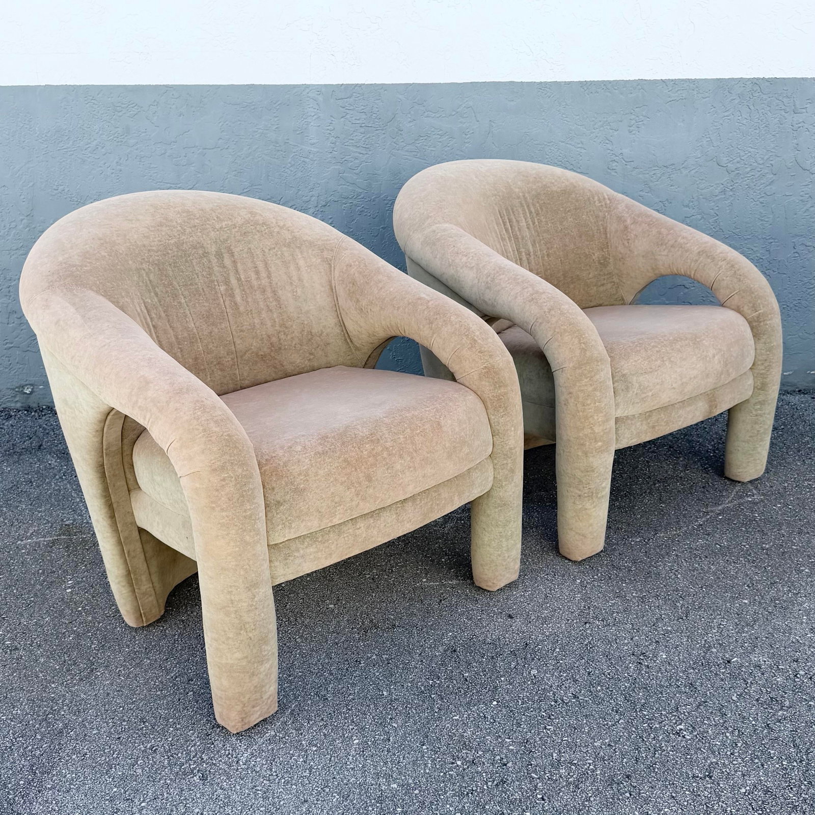 Postmodern Sculpted Tan Velvet Lounge Chairs - A Pair - 4