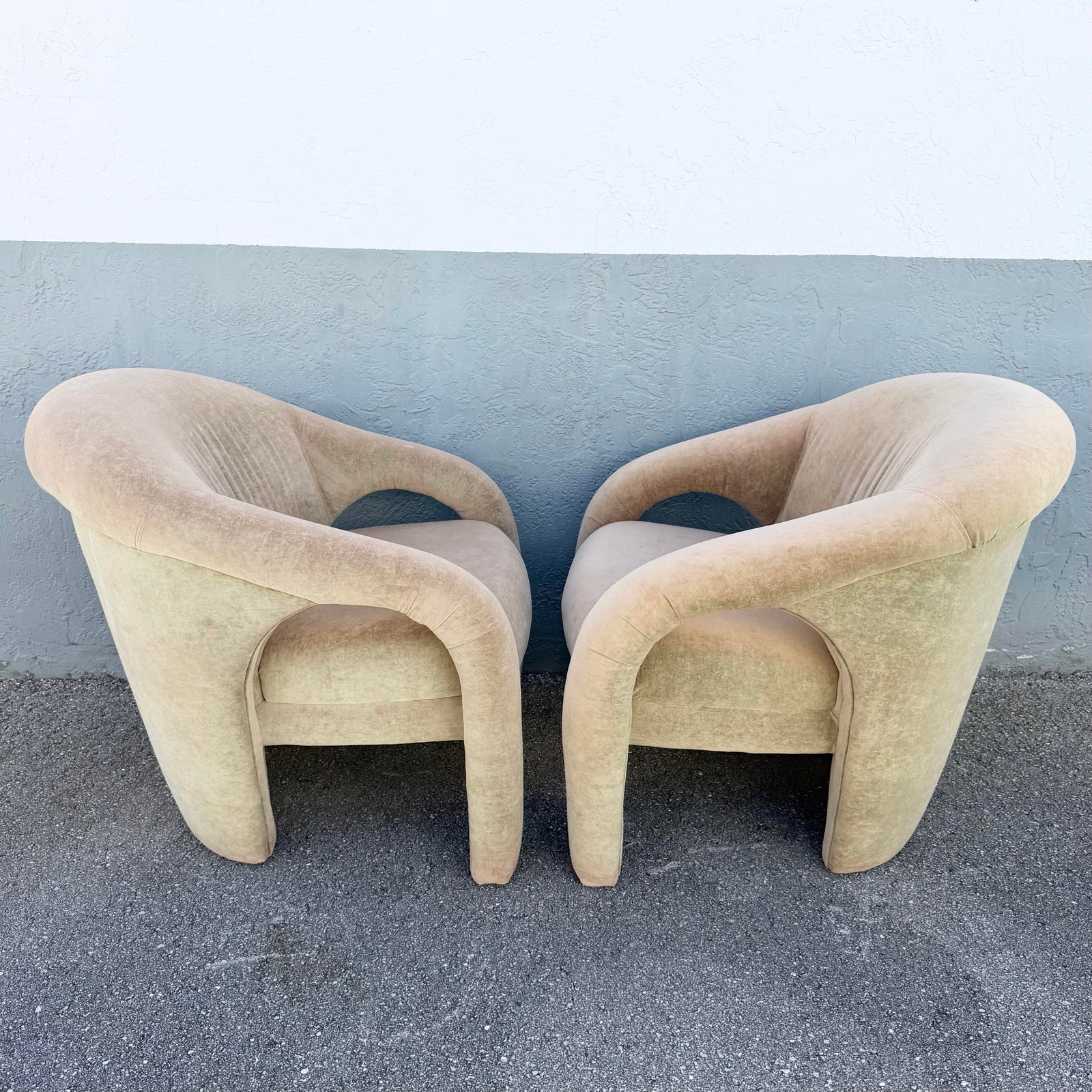 Postmodern Sculpted Tan Velvet Lounge Chairs - A Pair - 5