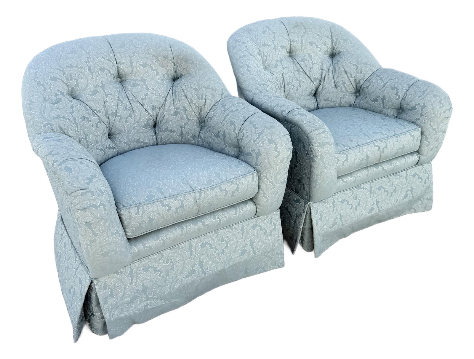 Vintage Mid Century Tufted Button Club Chairs by Ethan Allen - A Pair: Elegant pair of vintage Ethan Allen club chairs featuring generously padded silhouettes and classic button-tufted backs. Upholstered in a soft pale blue-green damask fabric with an ornate tonal