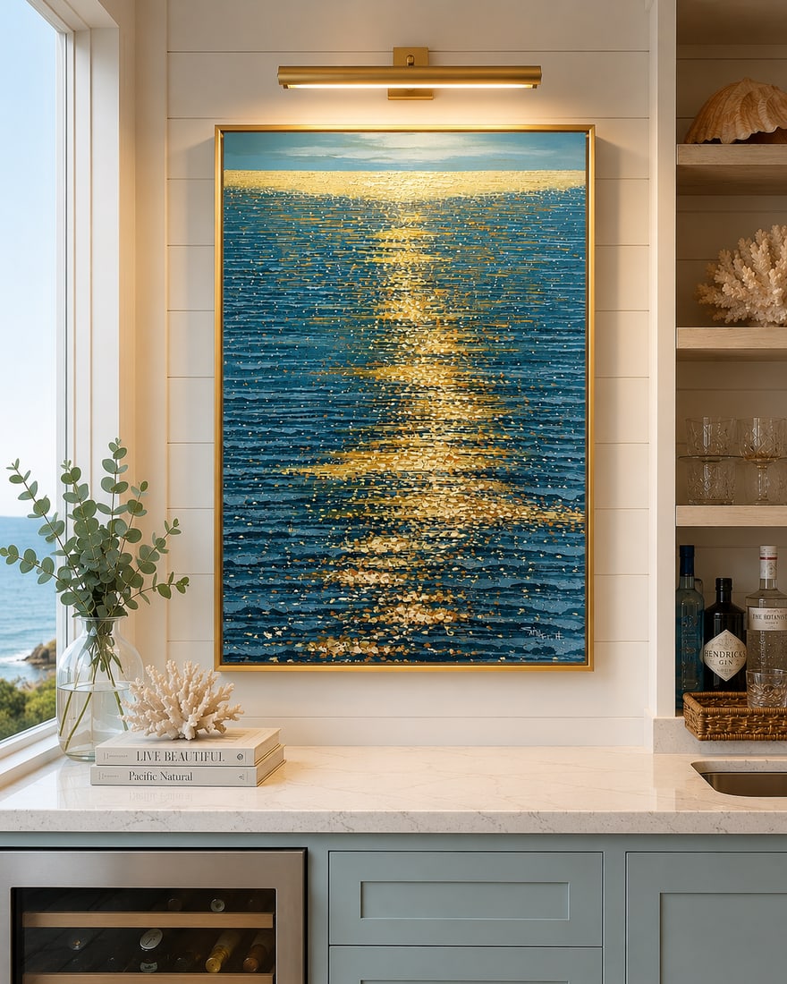 Golden Hour Ocean Reflection | Original Contemporary Textured Oil Painting - By Samuel H. (24" X 36" - 2