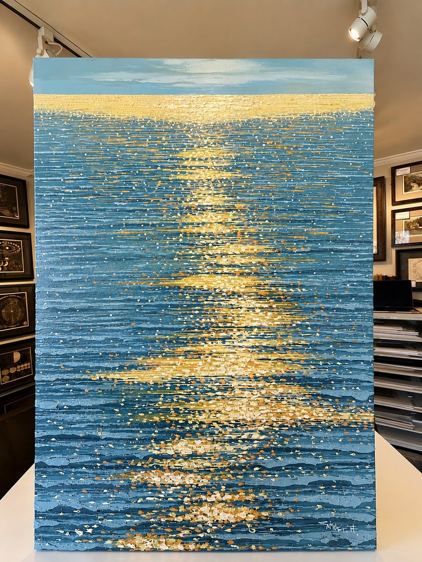Golden Hour Ocean Reflection | Original Contemporary Textured Oil Painting - By Samuel H. (24" X 36" - 7