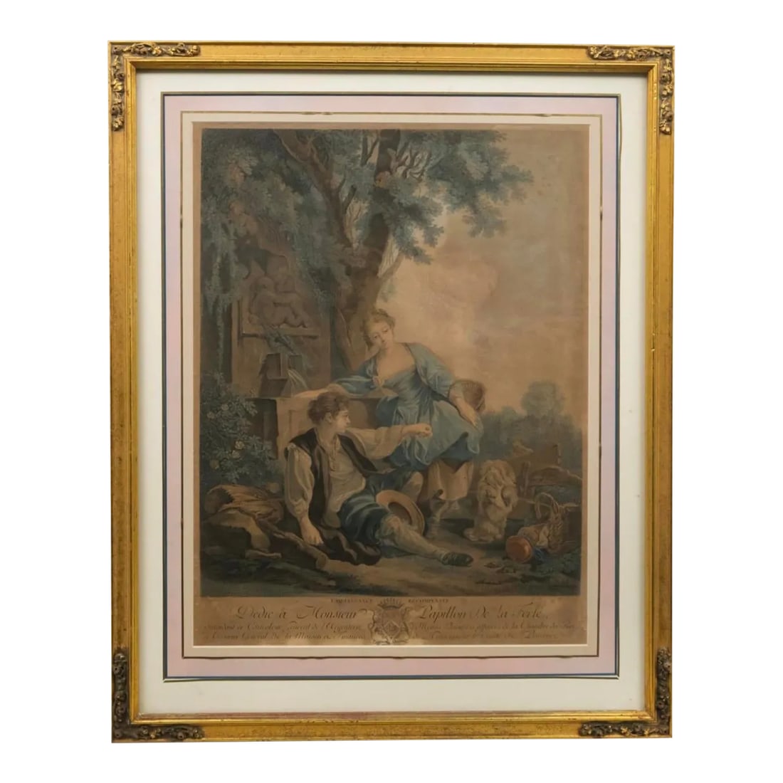 19th Century French Engraving Dedie a Monsieur Papillon After F. Boucher Gaillard: After Francois Boucher (French 1703-1770). Engraved by Rene Gaillard (French 1719-1790) 19th century. Depicting a young couple resting by a fountain playing with a small dog. 14.5 x 19 sight. 20.5 by 