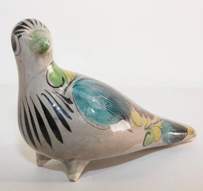 1950s Vintage Mexican Tonala Pottery Hand Painted Bird - 9