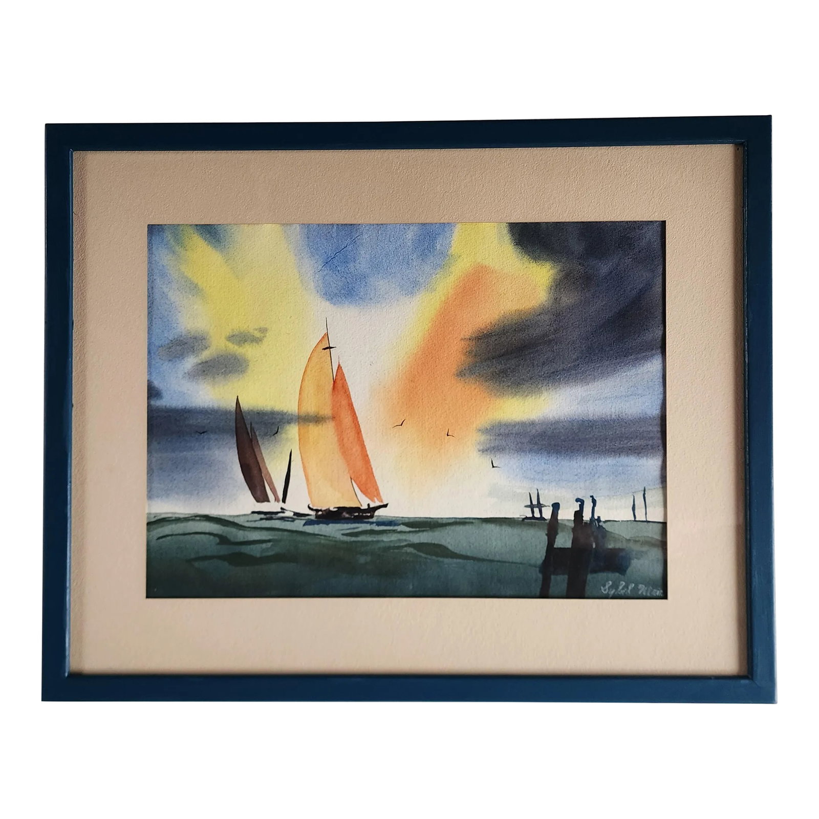 Mid 20th Century Framed Watercolor Sailboat Seascape Painting by Texas Artist: Vintage seascape by Texas artist Sybil Klein features sailboats against contrasting bright and somber skies. Condition: Alterations: Original Condition Unaltered Imperfections: Some Imperfections Cond
