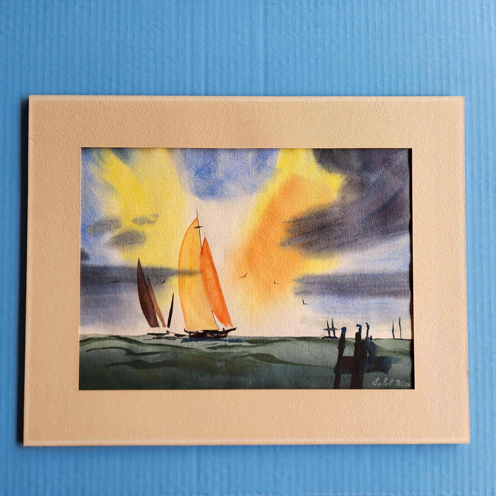 Mid 20th Century Framed Watercolor Sailboat Seascape Painting by Texas Artist - 2