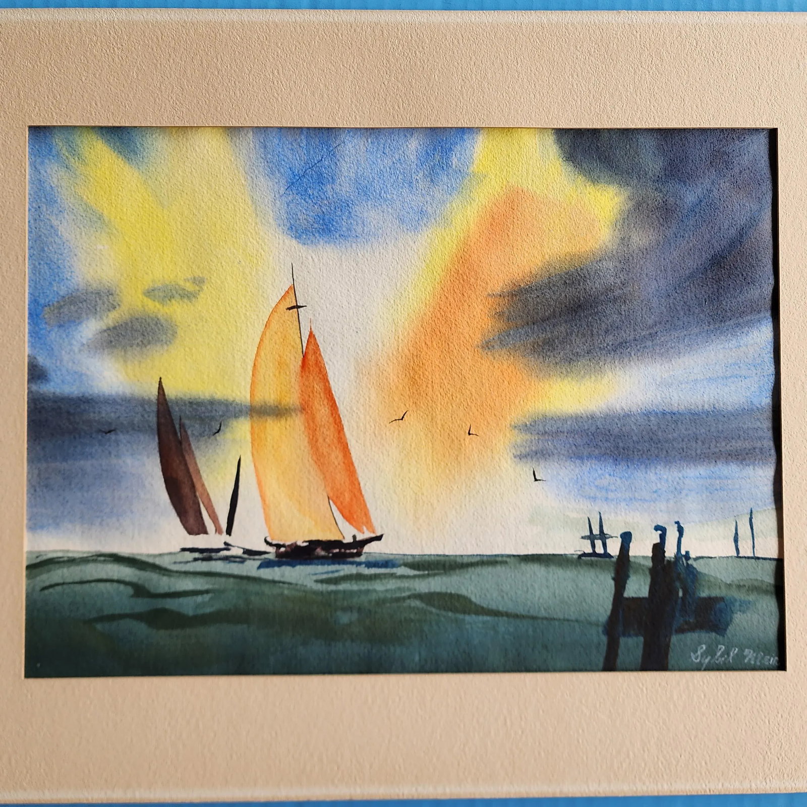 Mid 20th Century Framed Watercolor Sailboat Seascape Painting by Texas Artist - 3