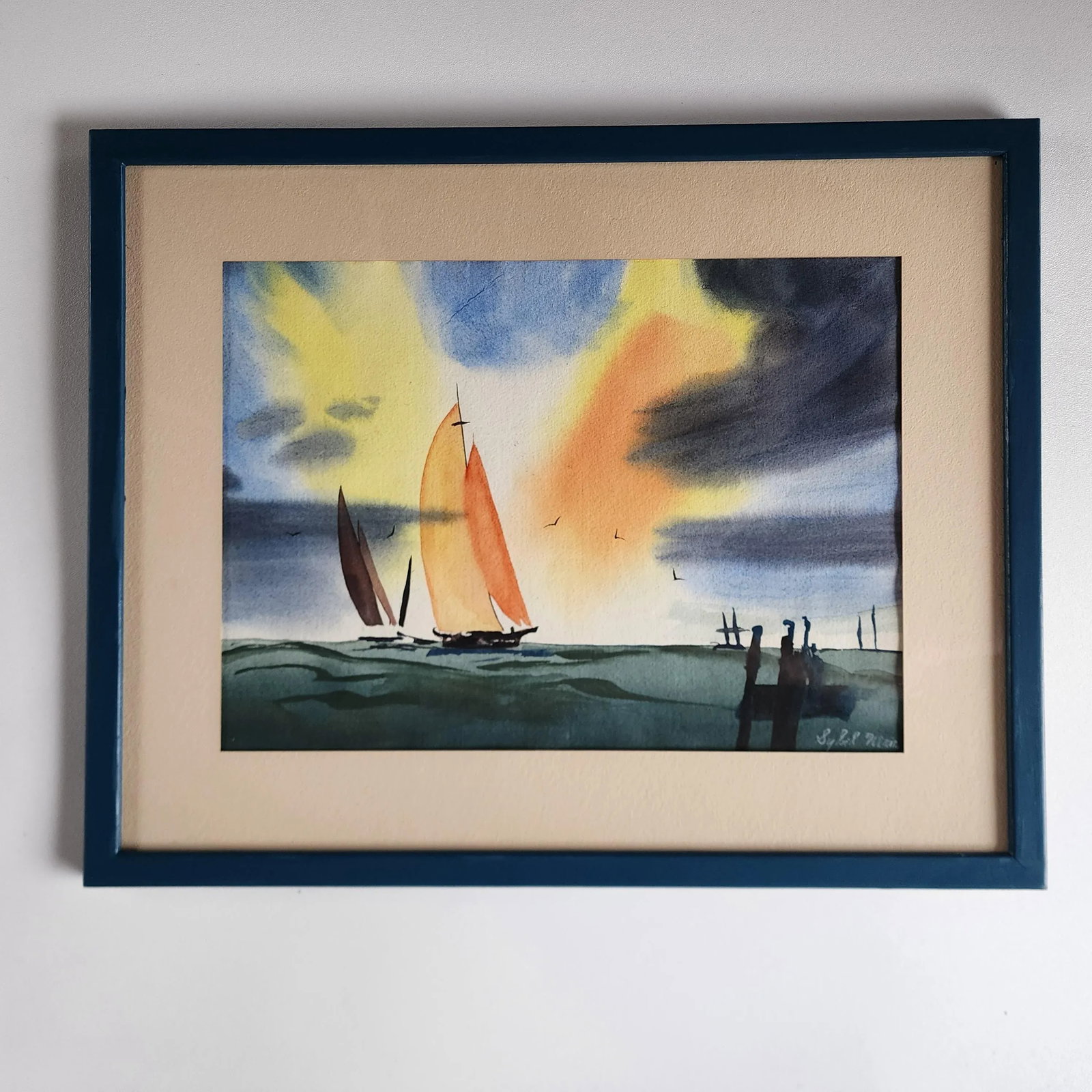 Mid 20th Century Framed Watercolor Sailboat Seascape Painting by Texas Artist - 7