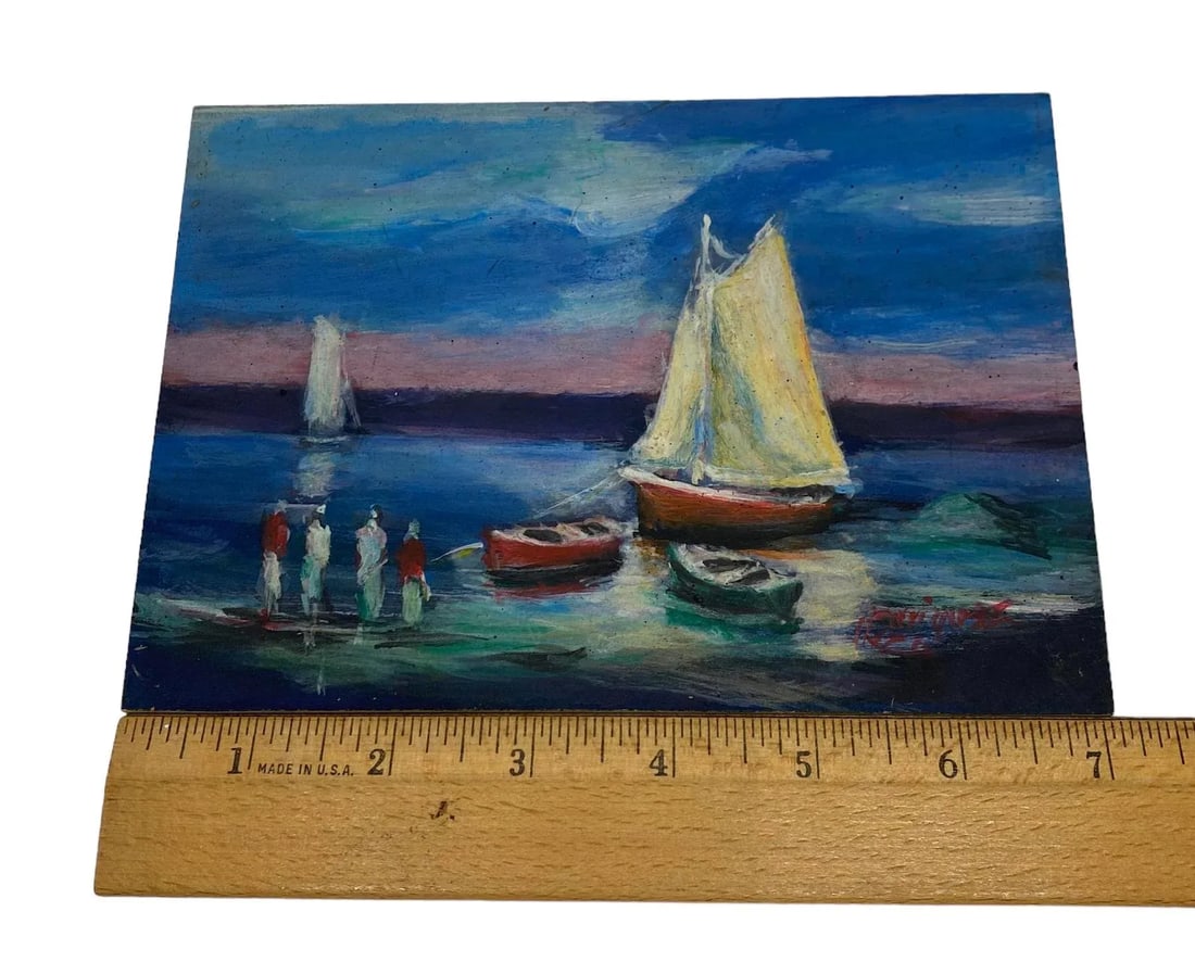 Early 21st Century Argentine Small Oil on Board "Boats on the Lake" Artist Signed - 10