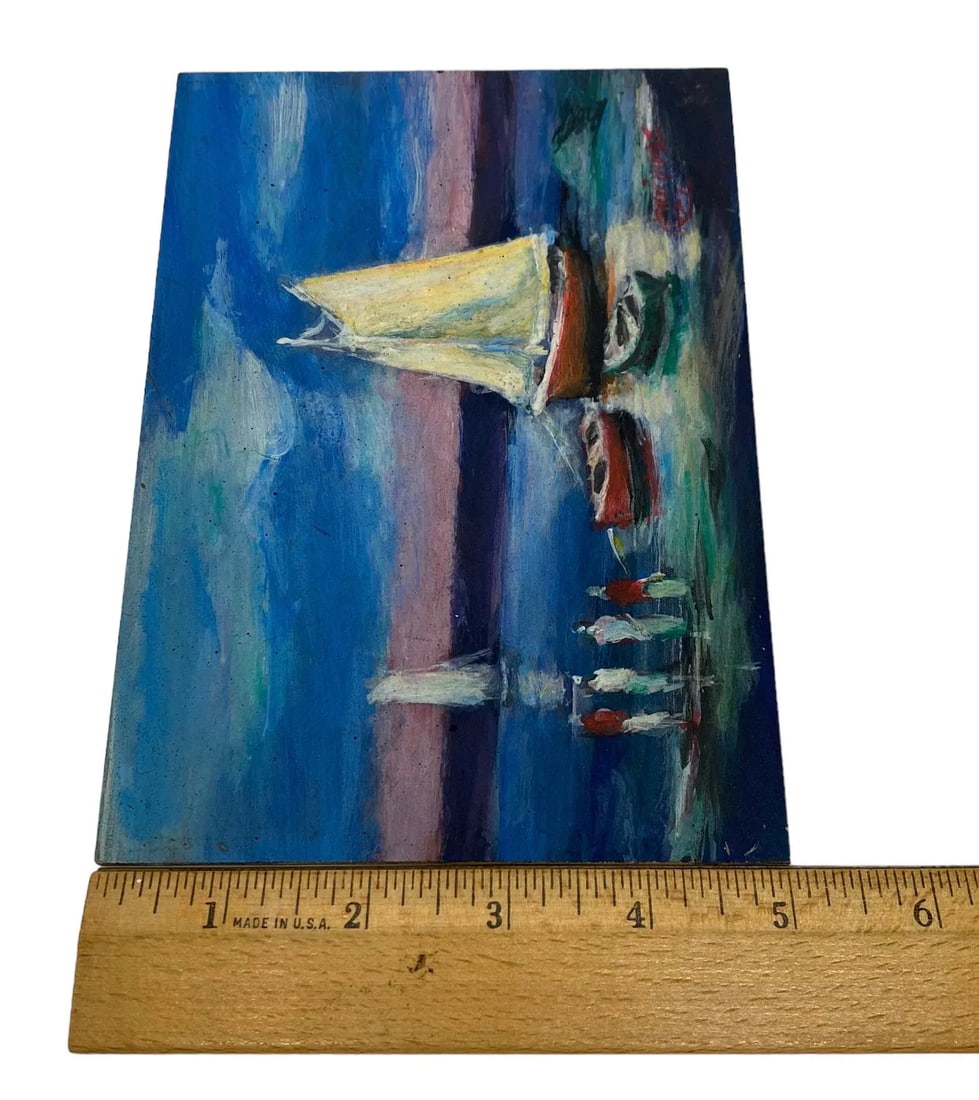 Early 21st Century Argentine Small Oil on Board "Boats on the Lake" Artist Signed - 11