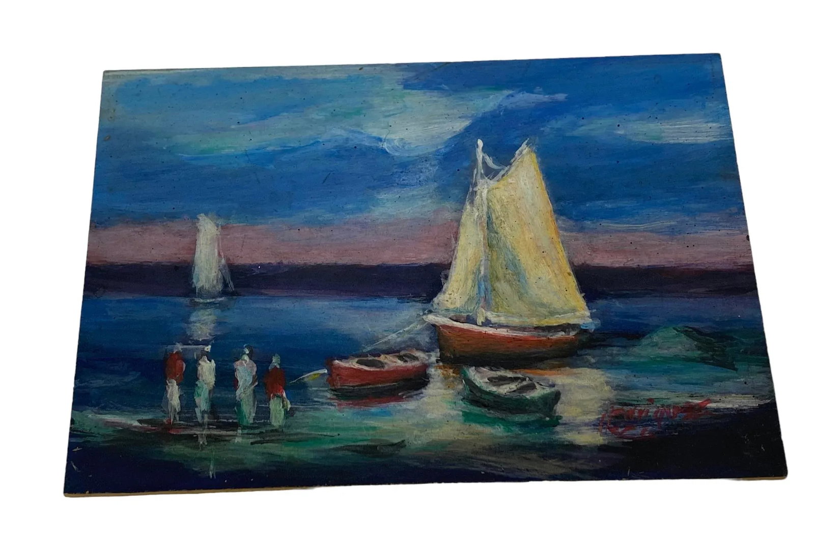 Early 21st Century Argentine Small Oil on Board "Boats on the Lake" Artist Signed - 12