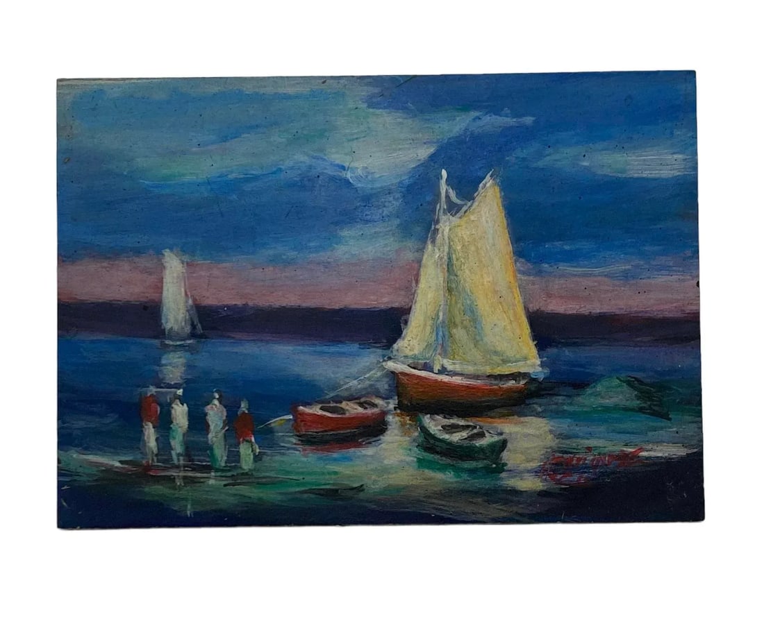 Early 21st Century Argentine Small Oil on Board "Boats on the Lake" Artist Signed - 13