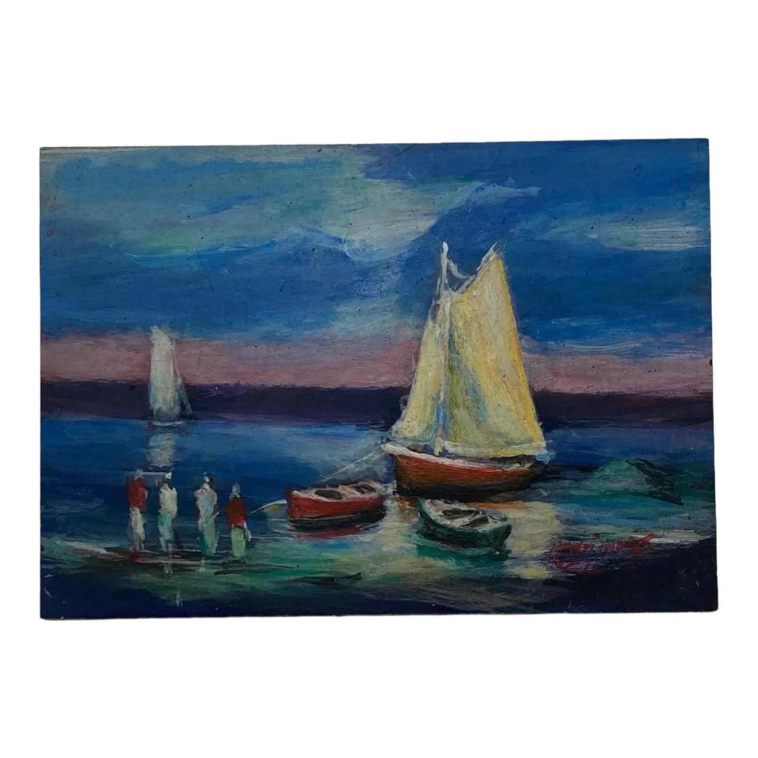 Early 21st Century Argentine Small Oil on Board "Boats on the Lake" Artist Signed: Early 21st Century Argentine Small Oil on Board Seascape "Boats on the Lake" Artist Signed. This lovely painting is unframed. It was found in Argentina about 6 years ago. The scene shows two sailboats