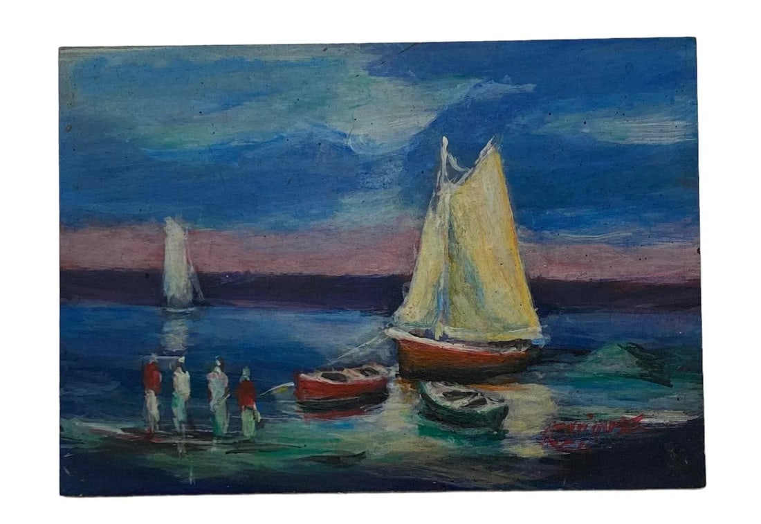 Early 21st Century Argentine Small Oil on Board "Boats on the Lake" Artist Signed - 2