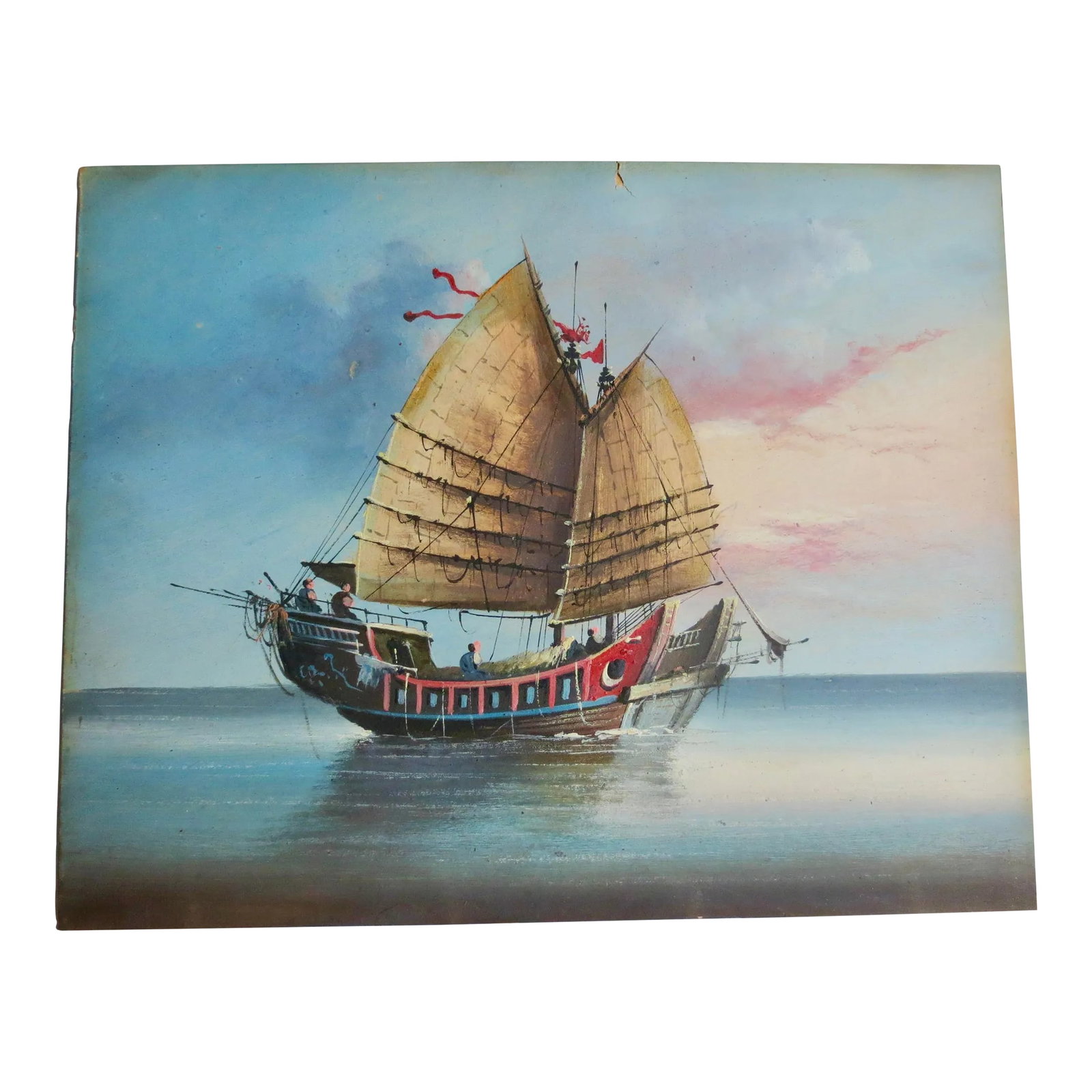 Vintage Gauche "Chinese Junk" Vintage 1950s: Vintage Italian gauche from the 50s,. beautifully painted orientalist scene of an exotic ship floating on a calm sea under pink and yellow sunset. Framed and under glass. The size is 11.5" wide by 9.2