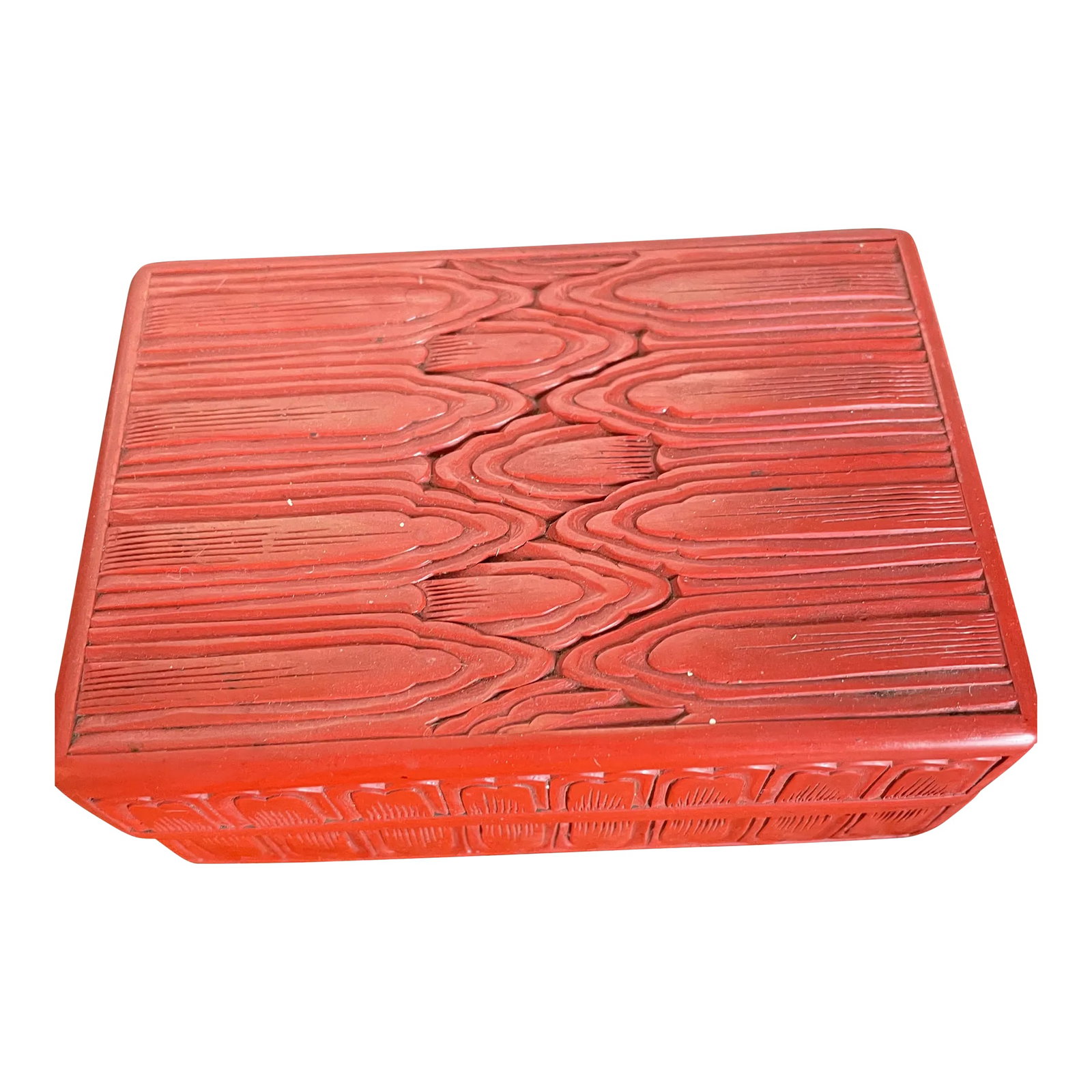 Mid 19th Century Chinese Rectangular Cloud Pattern Red Cinnabar Box With Black Interior: Of the three boxes I'm listing this piece is in my opinion the most fine. The color is very subtle and the weight is light. The cloud pattern also isn't common Condition: Alterations: Original