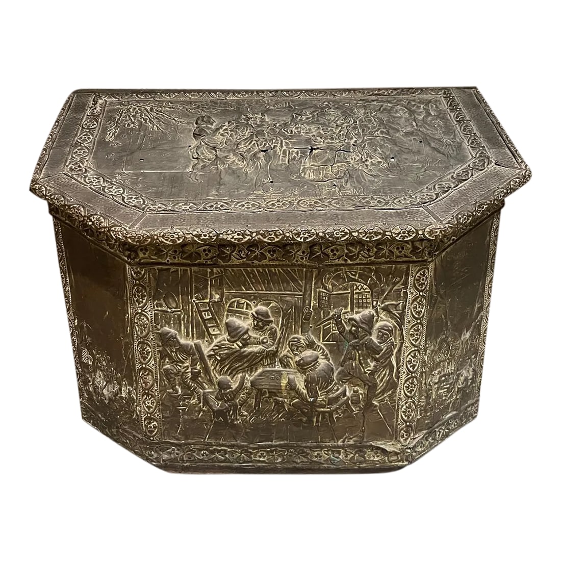 1800s Antique Firewood Coal Wood Repousse Box Brass Panels: AMBIANIC presents Late 1800s Antique Firewood Box with Artistic Brass Panels Tavern imagery Rectangular shape six sided with a slope. Preowned vintage original condition unrestored with patina. Some