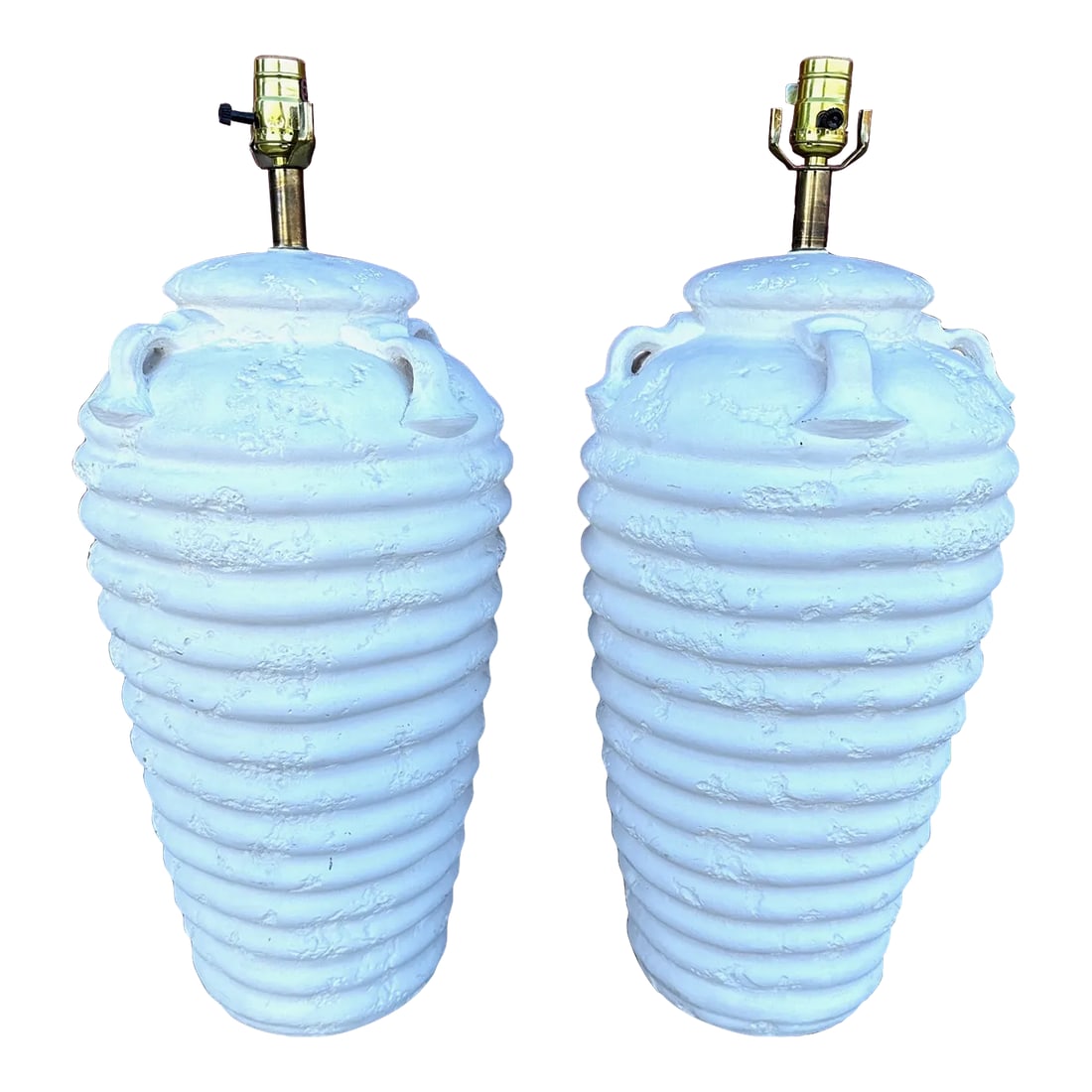 Postmodern Plaster Large Beehive Table Lamps-A Pair: Postmodern Plaster Beehive Table Lamps a pair of 2. Large in height. Perfect asis or painted black or any desired color of your dreams. Would look amazing w/all cream and black decor. 150w 26.5in h x
