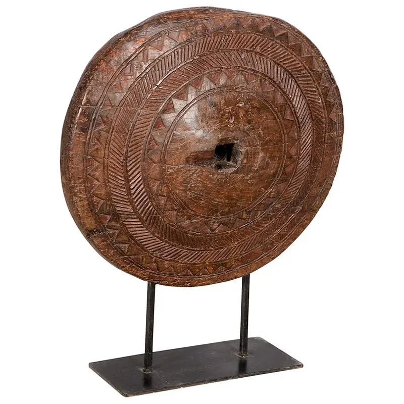 Antique Wagon Wheel on Metal Stand | Farmhouse Country Log Cabin Decor | Primitive Display |Rustic D - 6