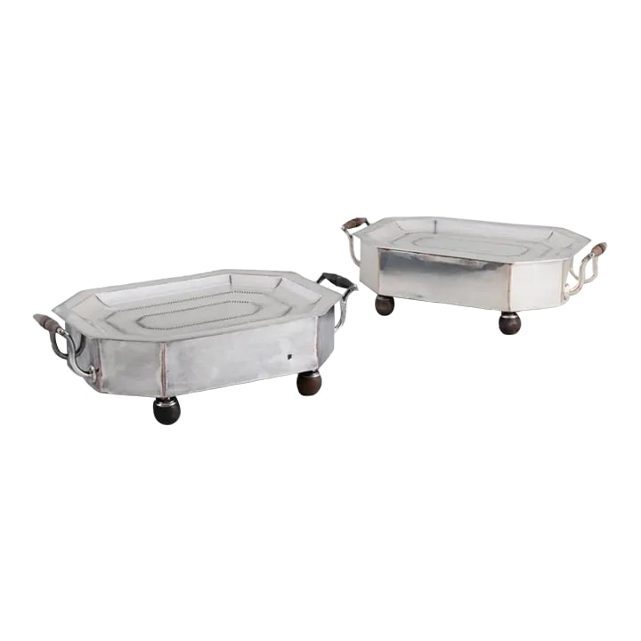Pair of Silver Plate Food and Platter Warmers With Wood Handles European: A very nice pair of silver on copper plate food warmers. Food would be place directly on top and served or on a platters that would have kept hot from the hot water inside the container. Condition: