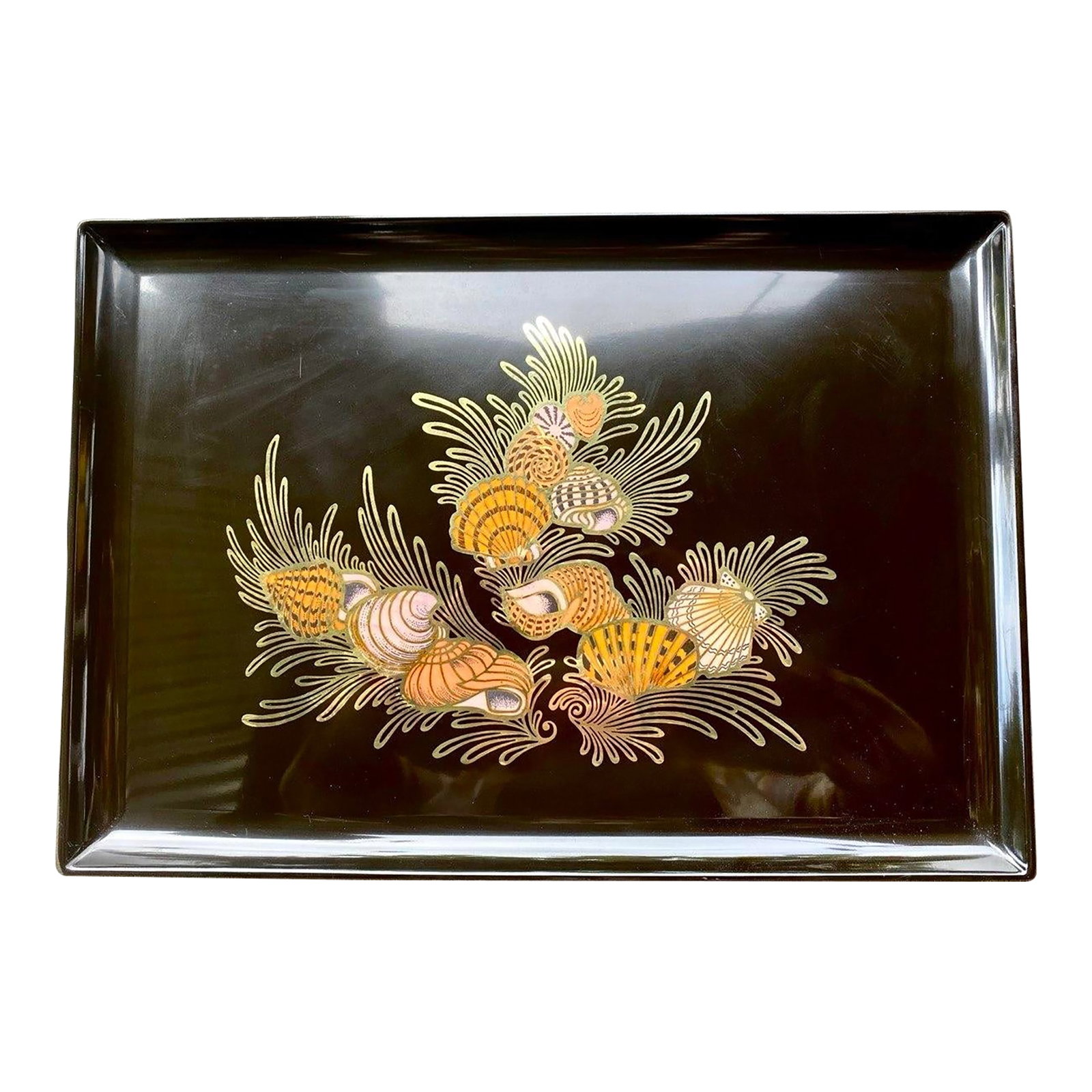 Vintage Couroc of Monterey Seashell & Brass Inlay Serving Tray, 18": A striking vintage Couroc of Monterey serving tray featuring an exuberant arrangement of colorful seashells nestled among sweeping, almost coral-like fronds of gleaming brass. Against Couroc's signatu
