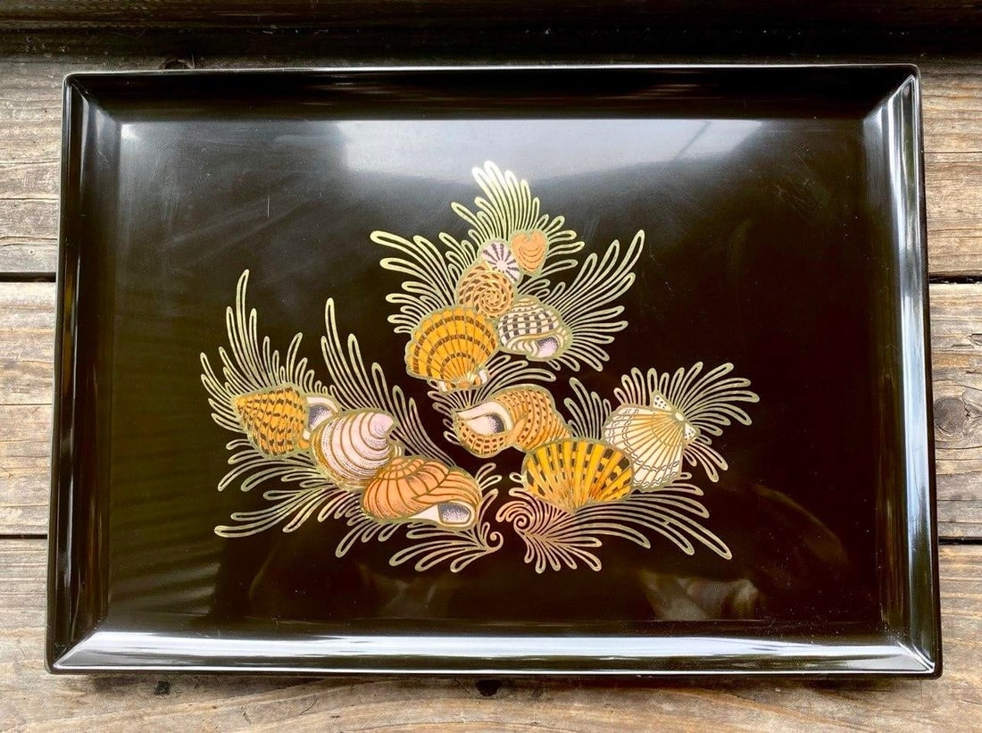 Vintage Couroc of Monterey Seashell & Brass Inlay Serving Tray, 18" - 2