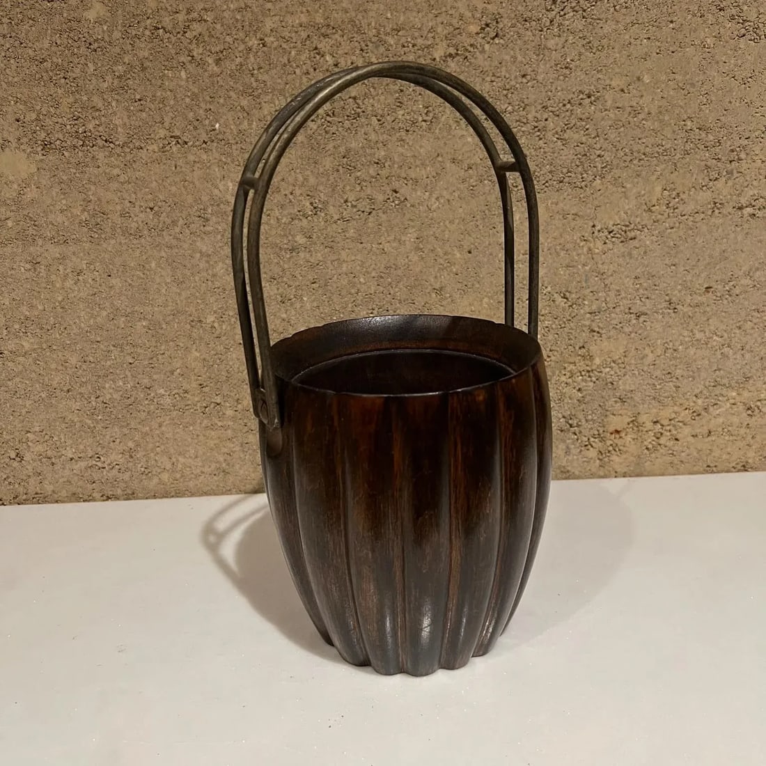 1950s Aldo Tura Macabo Cusano Wood Basket Brass Handle Milano Italy - 11