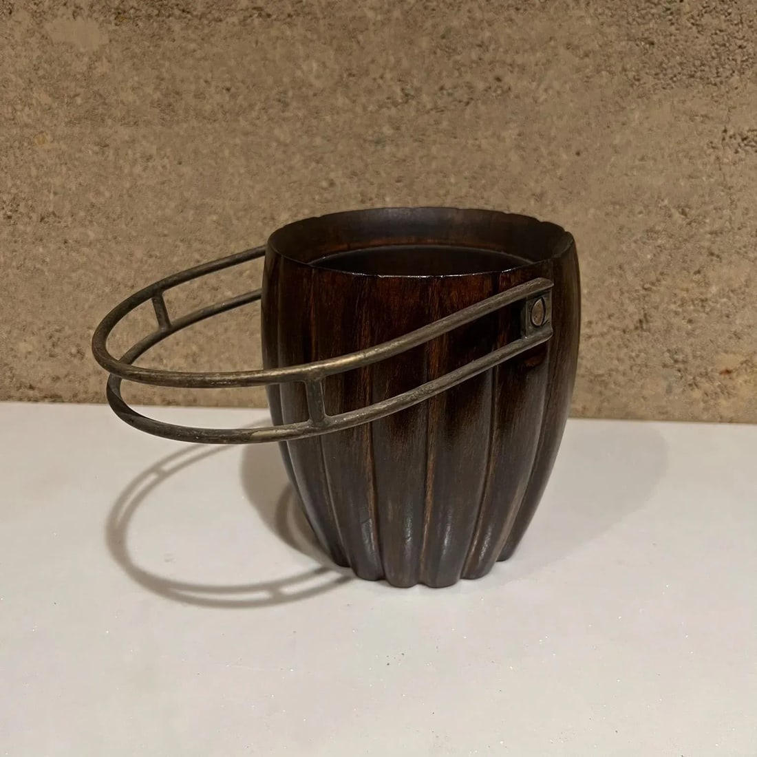 1950s Aldo Tura Macabo Cusano Wood Basket Brass Handle Milano Italy - 9