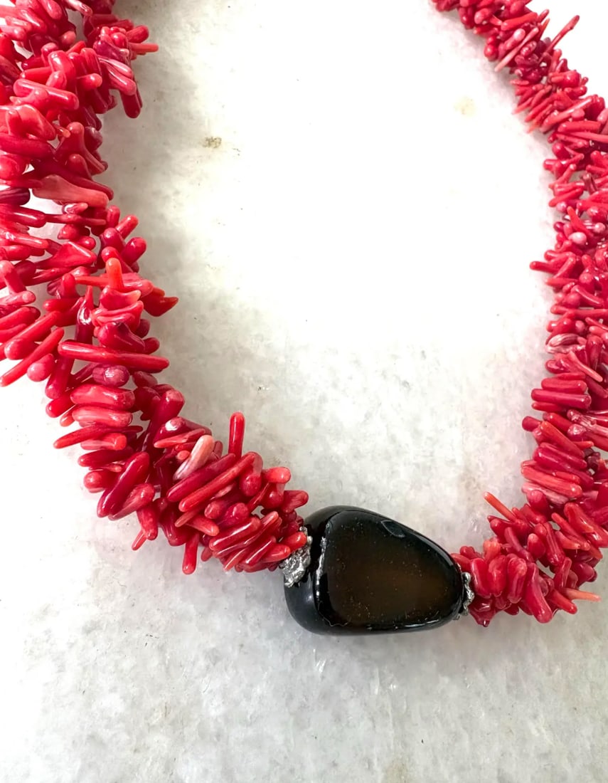 Vintage Coral and Smoke Quartz Beaded Necklace - 3