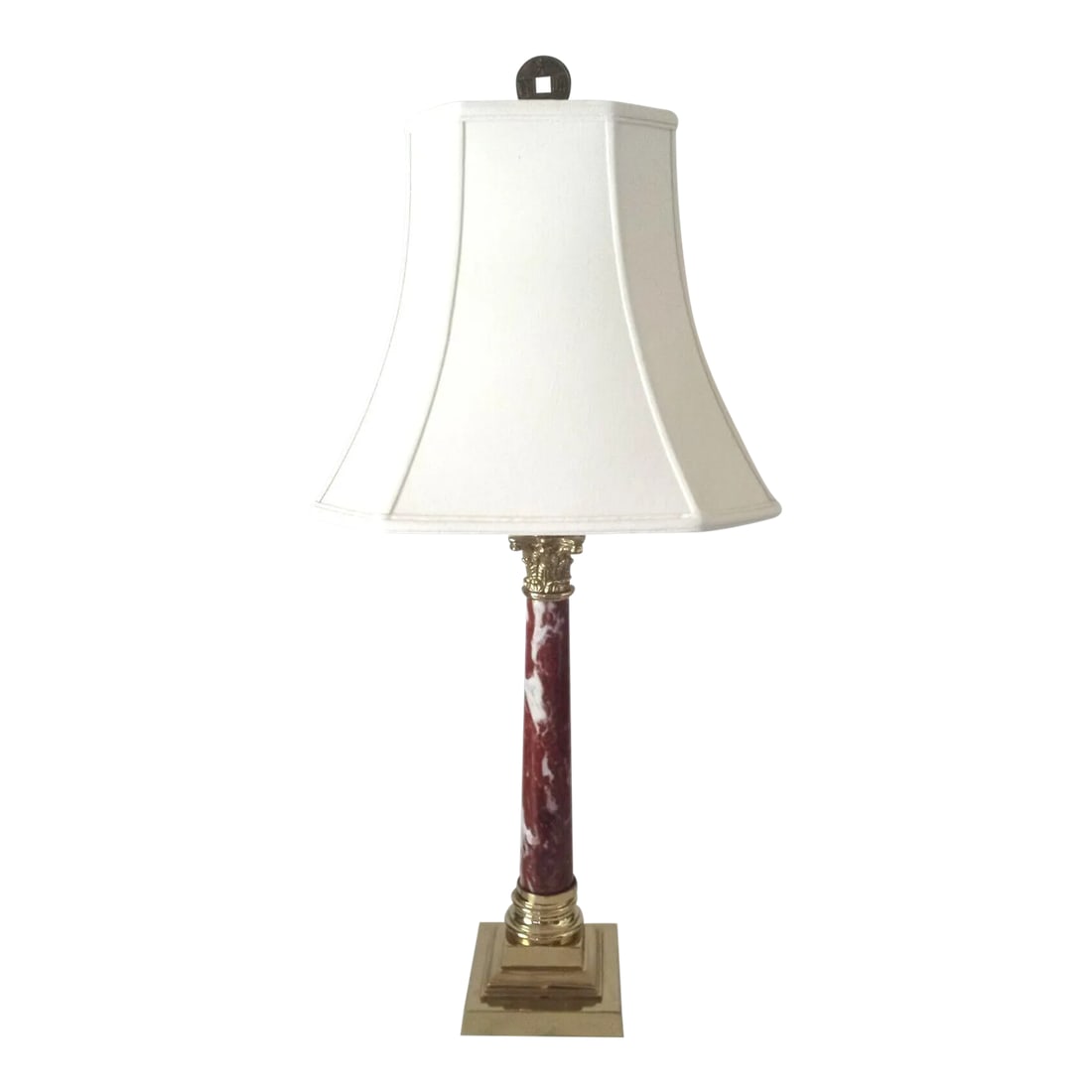 1980s Griotte Red Marble and Brass Corinthian Table Lamp With Lampshade (1 of 12)