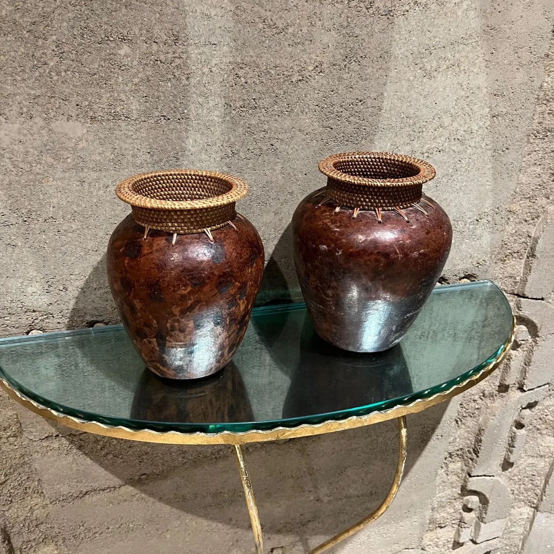 Modern Art Pottery Two Vases Woven Cane - 10