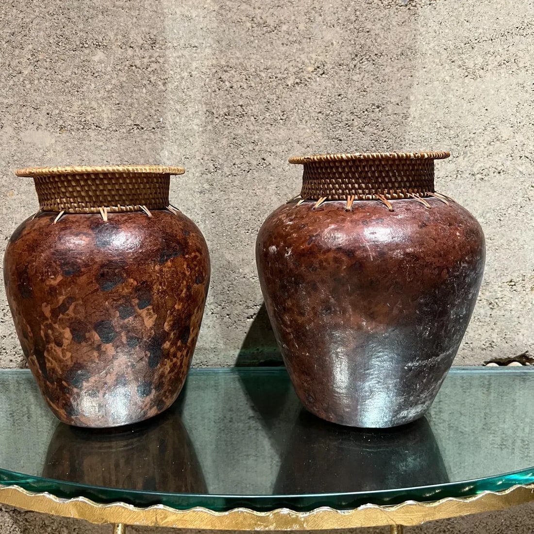 Modern Art Pottery Two Vases Woven Cane - 11