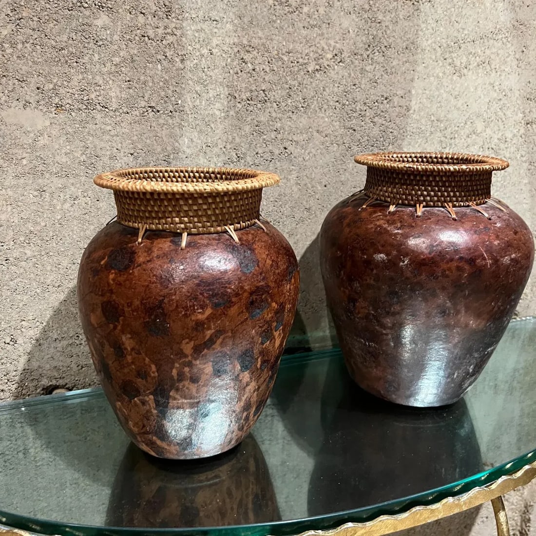 Modern Art Pottery Two Vases Woven Cane - 12