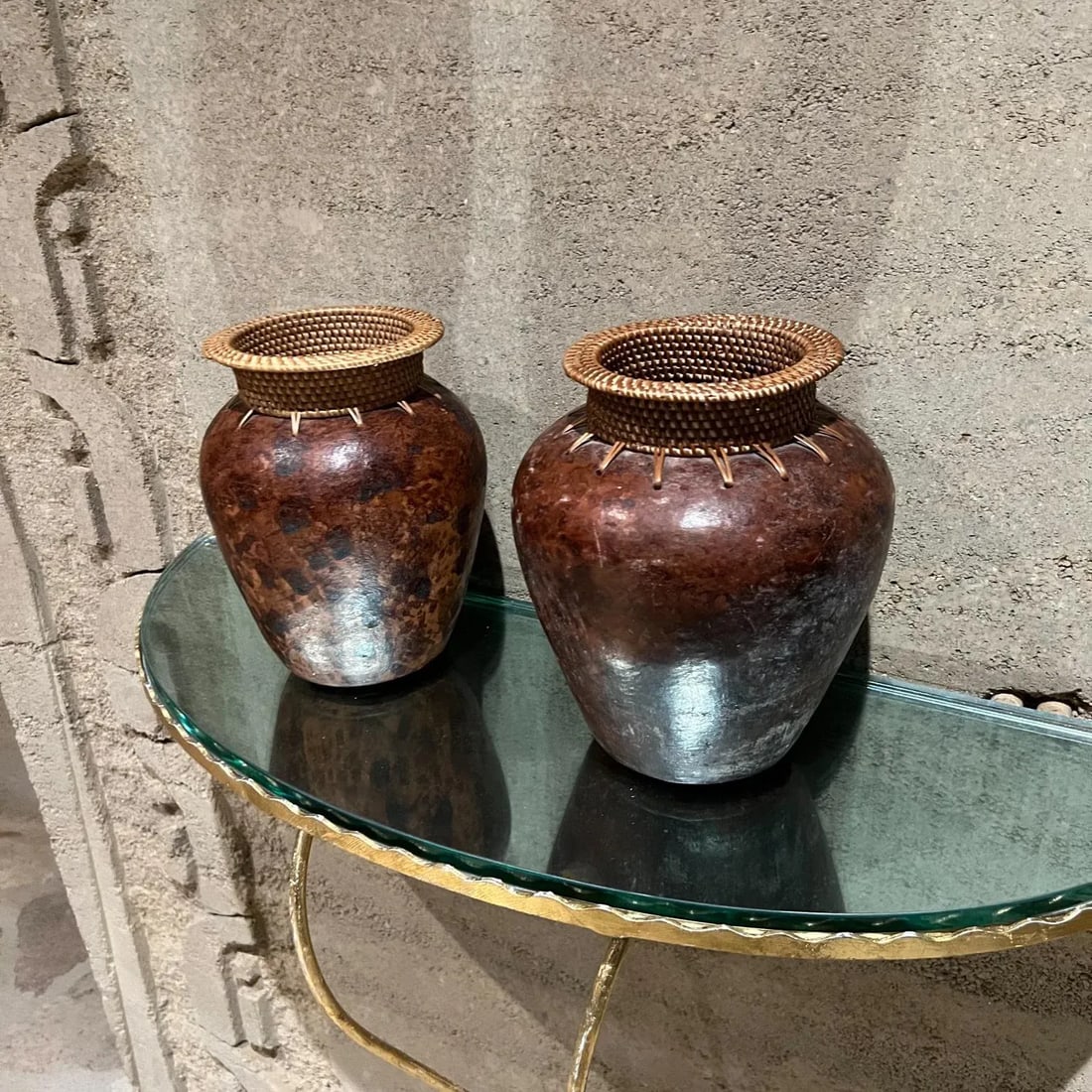 Modern Art Pottery Two Vases Woven Cane - 13