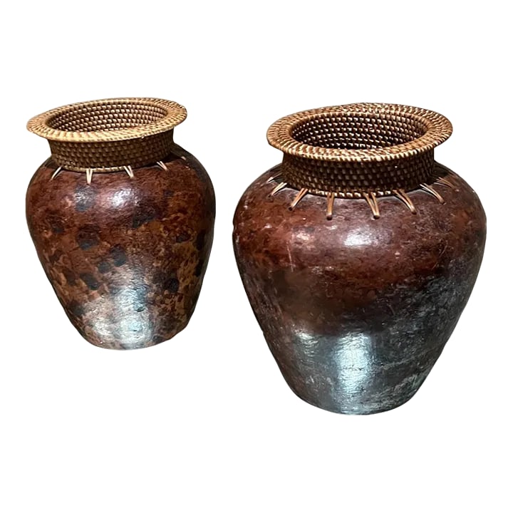 Modern Art Pottery Two Vases Woven Cane: AMBIANIC presents Modern set of two Pottery Jars or Vases with cane in the upper section. Beautiful condition. Preowned vintage condition. One is a bit larger. 9 tall x 8 diameter And smaller vase
