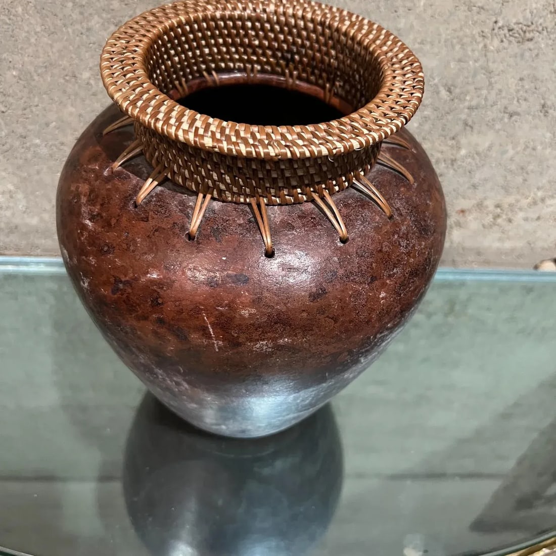 Modern Art Pottery Two Vases Woven Cane - 2