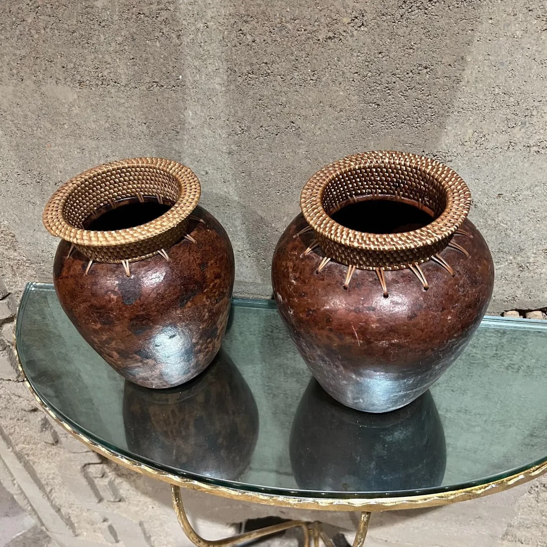 Modern Art Pottery Two Vases Woven Cane - 3
