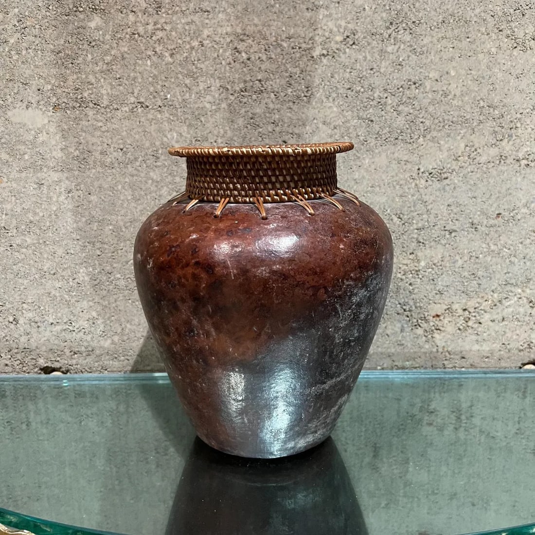 Modern Art Pottery Two Vases Woven Cane - 4